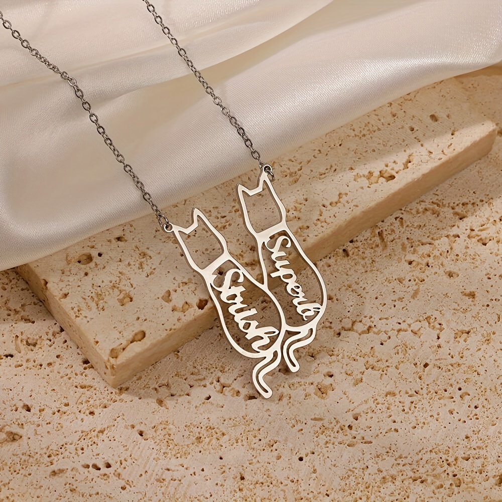 Custom Hollow Cat Silhouette Stainless Steel Necklace With English Names